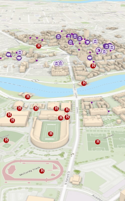 Map of Harvard campus showing athletic areas, museums, and theaters