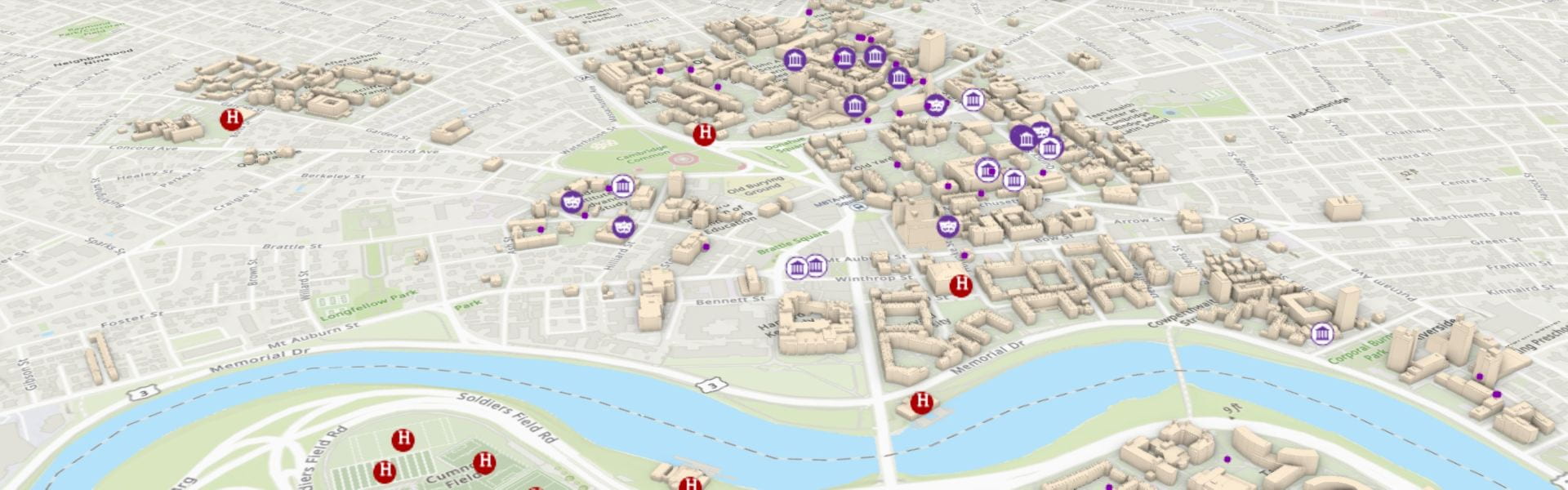 Map of Harvard campus showing athletic areas, museums, and theaters